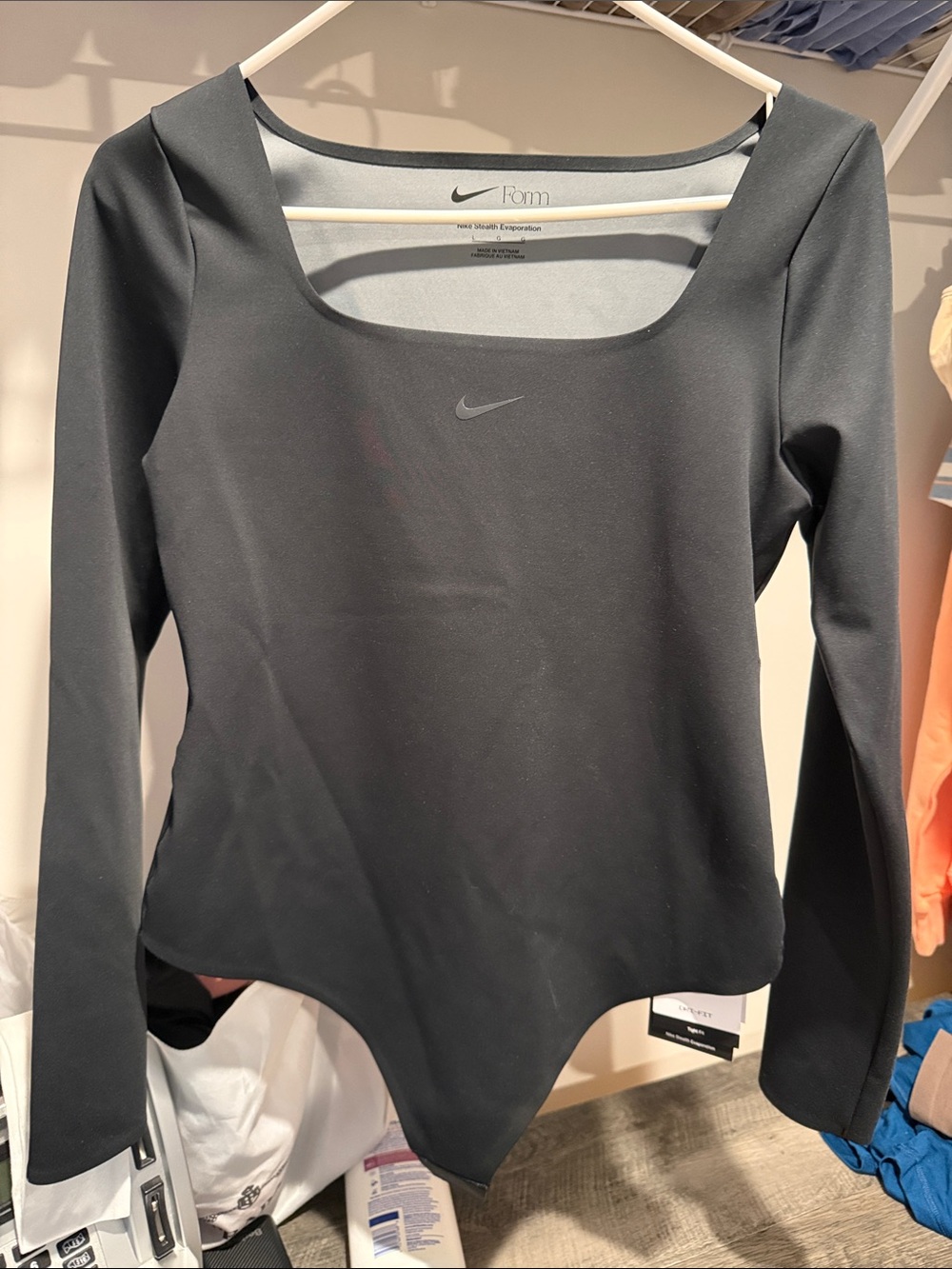 Nike Black Long-Sleeve Scoop-Neck Bodysuit with Tonal Swoosh